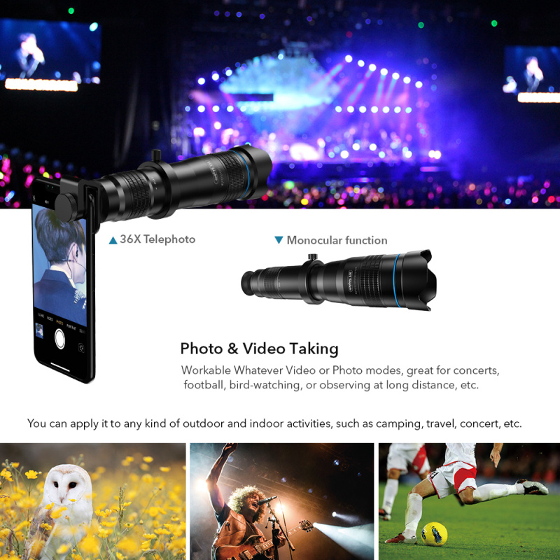 APEXEL HD 36X Phone Lens Camera Telephoto Zoom Monocular Telescope Lens + SelfieTripod With Remote Shutter For All Sm