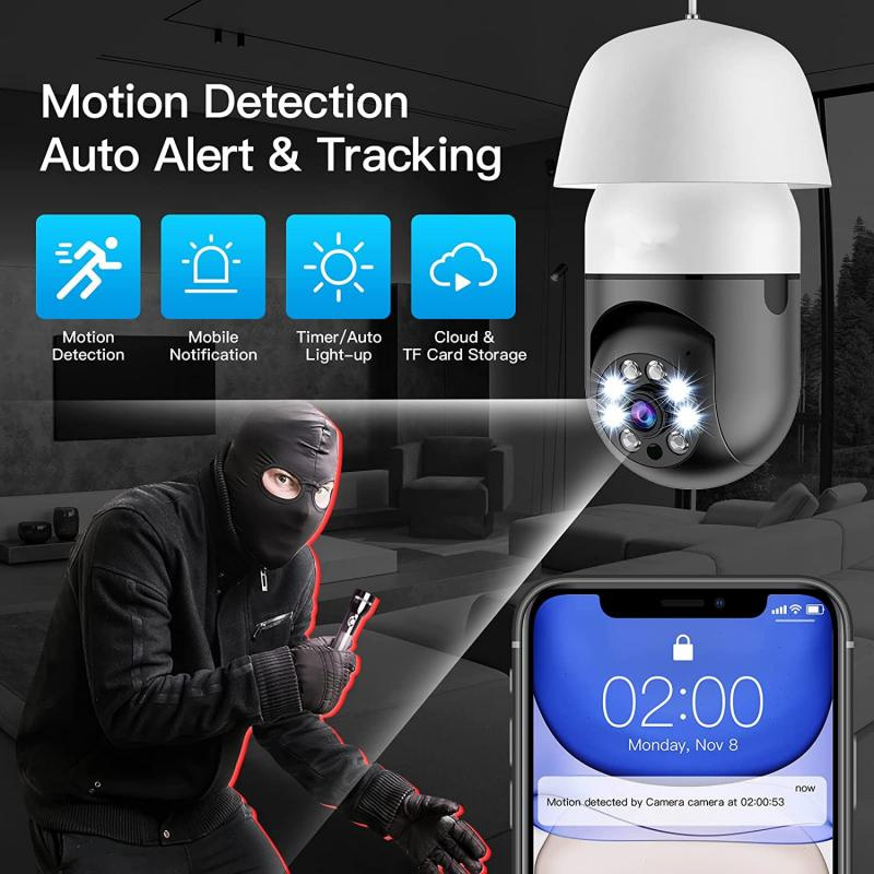 5G Wifi E27 燈泡監控攝像頭夜視全彩自動人體跟踪 4X 數字變焦視頻安全監控攝像頭