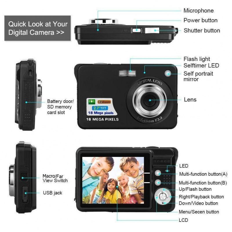 數碼相機，18MP 便攜式相機夜視和支持 Sd 卡防抖攝影