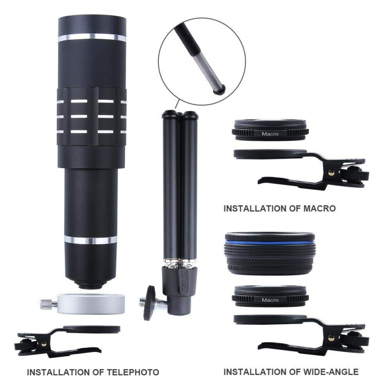 Mobile Phone Lenses Kit 18X Telephoto Lens Wide Angle Lens Macro Lens with Clip and Tripod for iPhone Samsung Huawei Smart Phone