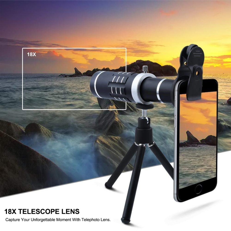 Mobile Phone Lenses Kit 18X Telephoto Lens Wide Angle Lens Macro Lens with Clip and Tripod for iPhone Samsung Huawei Smart Phone