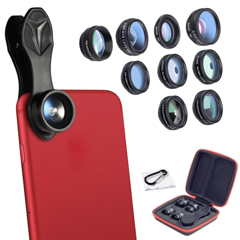 APEXEL 10 in 1 Phone Camera Lens Kit Fisheye Wide Angle Macro Lens CPL Filter Kaleidoscope 2X telescope Lens for smartphone