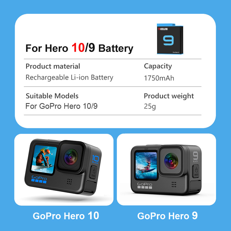 適用於 GoPro 動作運動相機的原裝 KEELEAD 電池 1750mAh 3 路快速充電器適用於 Go Pro Hero 9 8 7 6 10 黑色配件