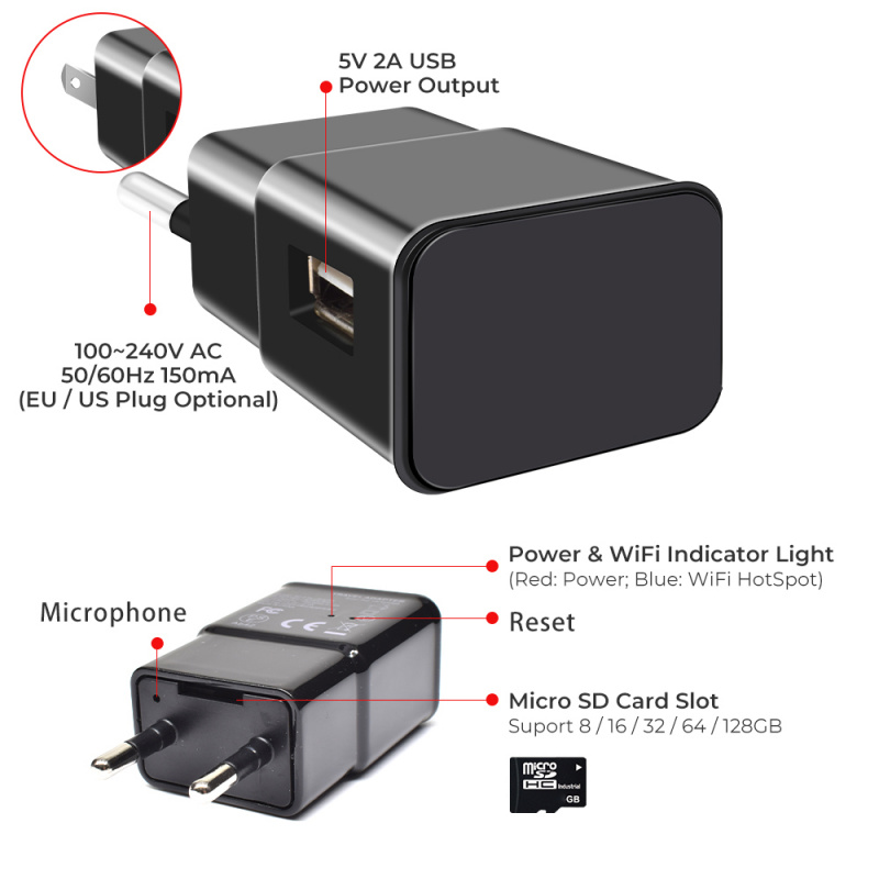 全高清迷你攝像頭 1080P 無線視覺錄像機 支持 TF 卡 美國 歐盟插頭充電器 電源 USB 充電器 WIFI 攝像頭