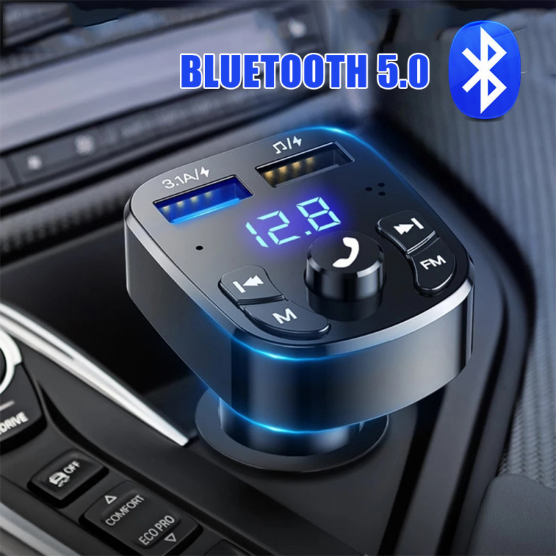 車載免提藍牙兼容 5.0 FM 發射器車載套件 MP3 調製器播放器免提音頻接收器 2 USB 快速充電器