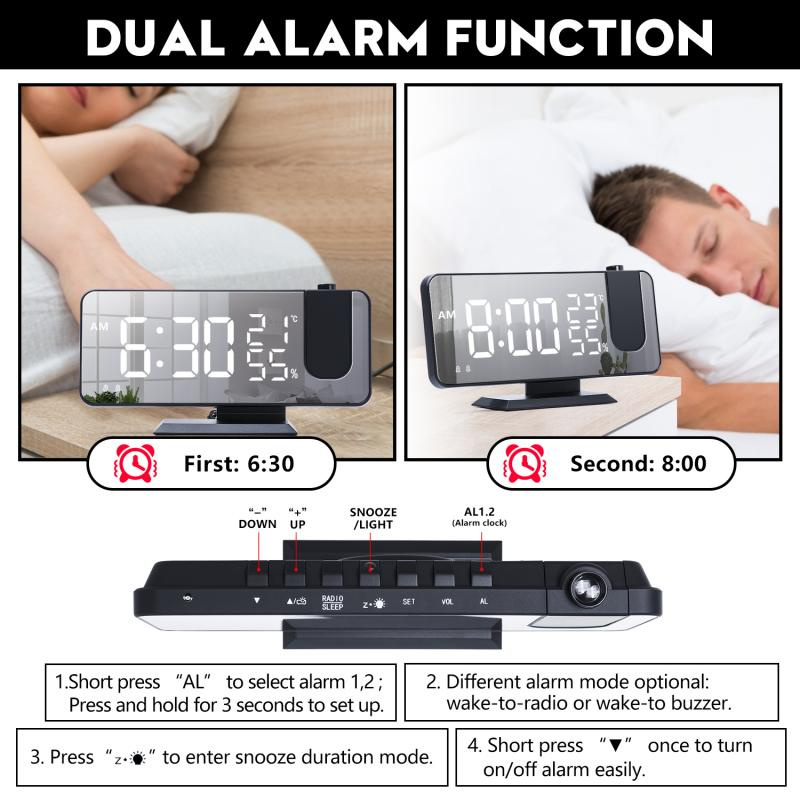 LED Digital Alarm Clock Radio Projection Multifunction Bedside Time Display Radio With Temperature And Humidity M