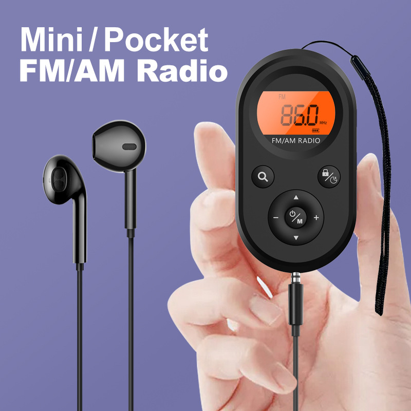 Mini FM AM Radio Portable Pocket 9K 10K Radio Receiver with LCD Display Backlight Lanyard Design 76-108MHZ Rechargeable