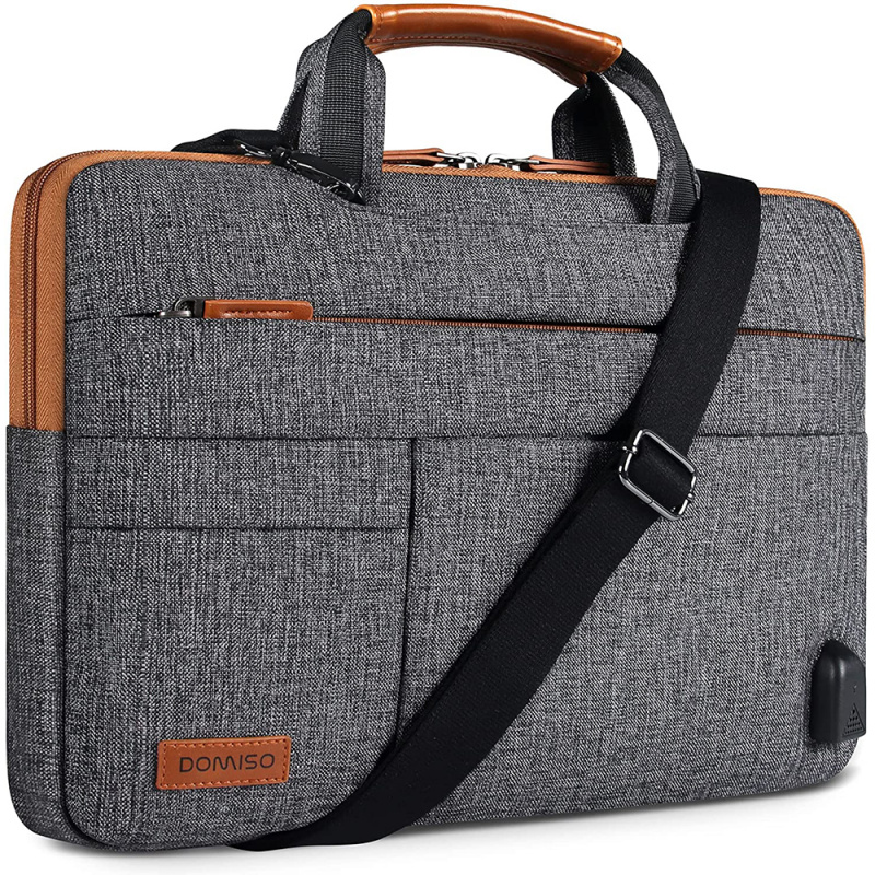 筆記本電腦DOMISO10 13 14 15.6 17.3 Inch Multi-Functional Laptop Sleeve Business Briefcase Messenger Bag with USB Charging Port Brown Grey