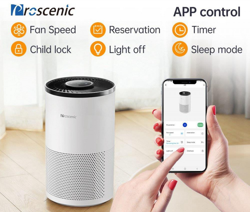 Proscenic A8 空氣淨化器，帶 H13 HEPA 過濾器 APP Alexa Google 助理控制觸摸屏空氣淨化器，適用於家庭低噪音