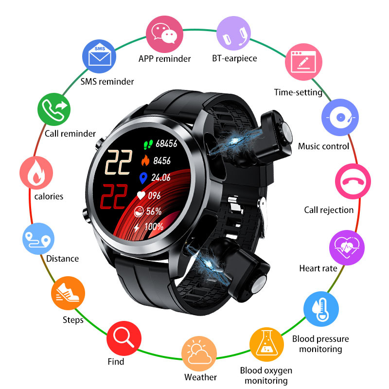 2022新款運動健身智能手錶TWS藍牙耳機組合心率血壓監測男士健康追踪器