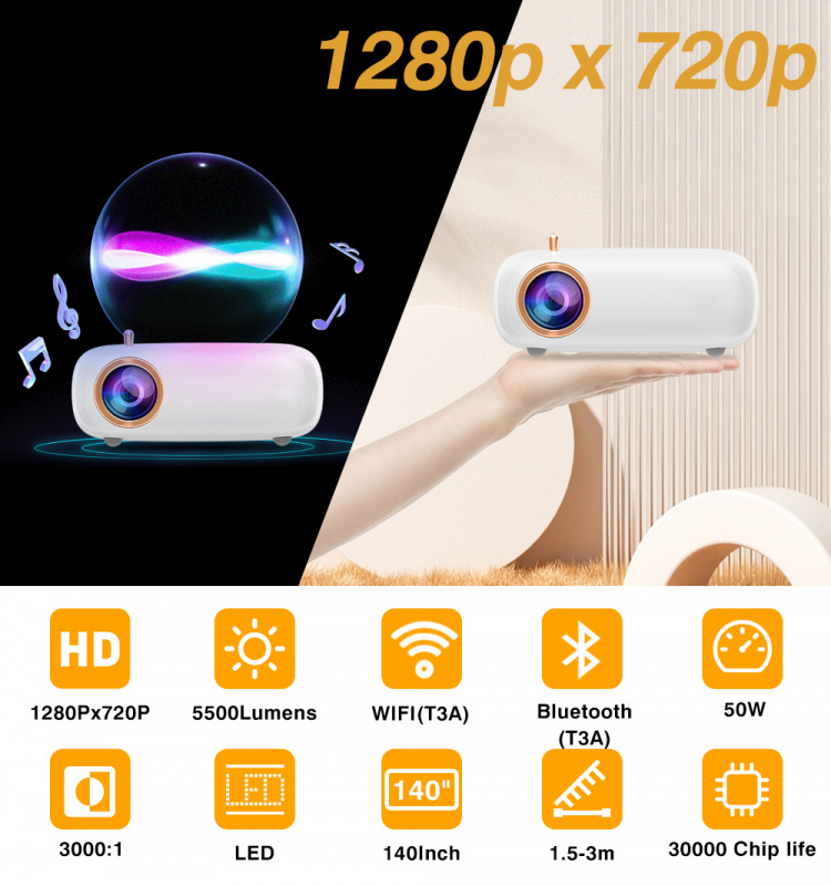 投影機Everycom T3 1080P 迷你投影儀，適用於家庭影院投影儀屏幕便攜式電影 LED 光束投影儀，帶 WIFI 智能電視