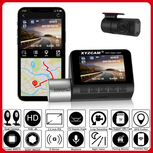 GPSXYZCAM 2K 4K Dual Dash Camera 2.0 Inch LCD WiFi Car DVR 24H Parking Support GPS Track 1080P Rear Cam 170° FOV Auto Reco