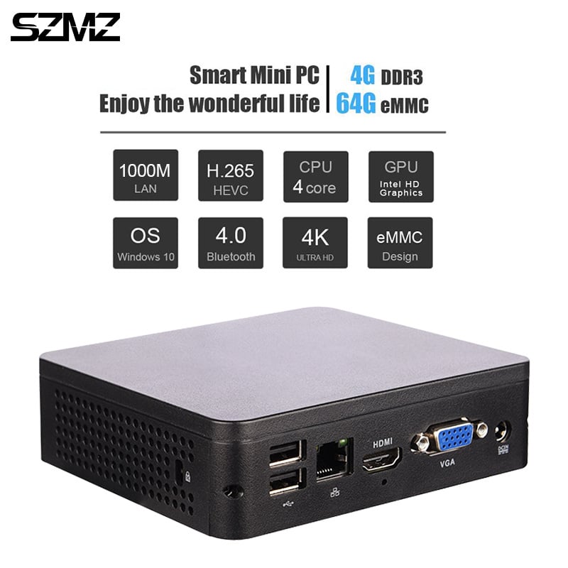 電腦一體機SZMZ Mini PC Atom Z8350 CPU Processor TV Box 4G Ram 64G SSD  Windows 10 Support 2.5 HDD VGA HDMI Dual Output WIN10 TV Box