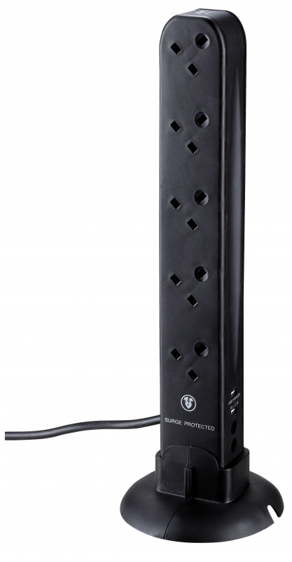 Masterplug - Tower 2位 USB 2.1A 及 10位x13A 2米防雷拖板 可直立或水平擺放 黑色 獨特設計 節省儲存空間 SRGU102B Surge Protected 10 Sockets 2M Extension Leads