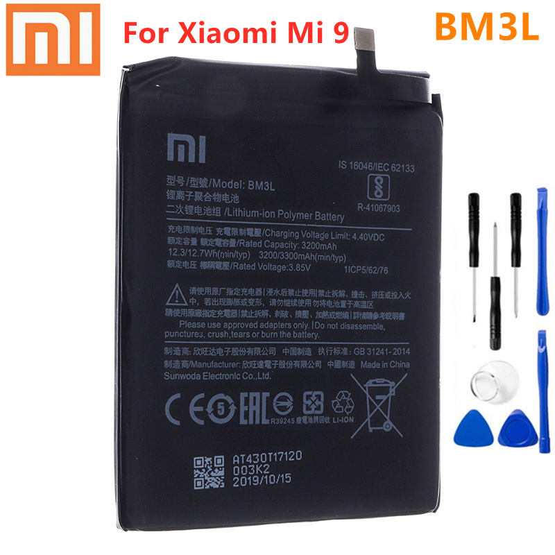 手機電池小米 100% 原裝 BM3L 3300mAh 電池適用於小米 9 Mi9 M9 Mi 9 BM3L 高品質手機更換電池 + 工具