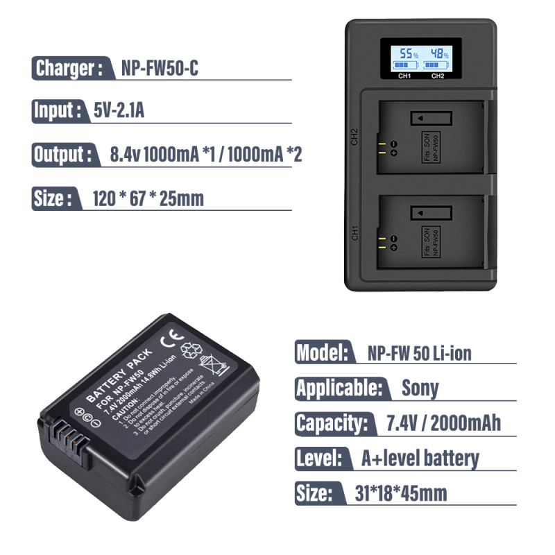 2000mAh NP-FW50 NP FW50 電池 相機 + LCD 雙 USB 充電器 適用於 Sony Alpha a6500 a6300 a6000 a5000 a3000 NEX-3 A7R A7S2