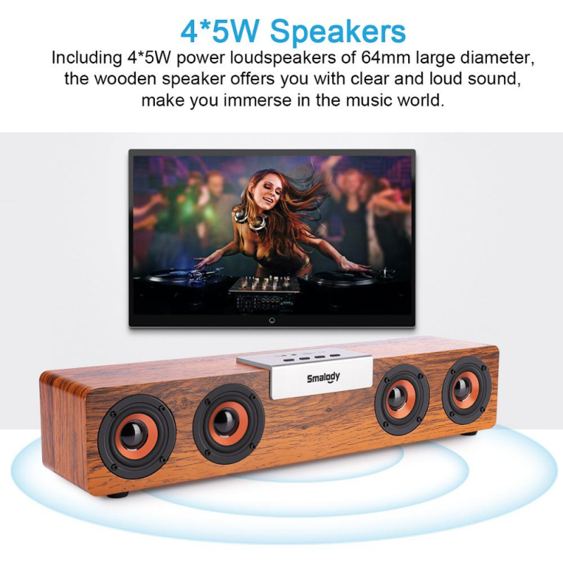 便攜式 HiFi 揚聲器無線藍牙兼容桌面木製揚聲器音樂 SoundBar 支持 TF 卡 AUX 免提電視