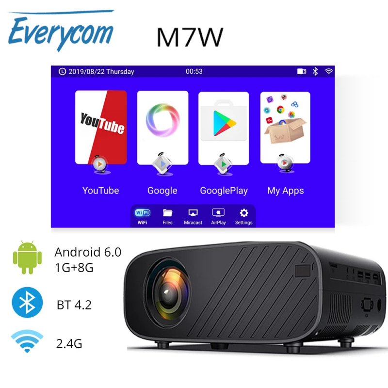 投影機Everycom M7 LED 便攜式投影儀高清 1080P 支持家用 USB 迷你戶外電影投影儀家庭影院投影儀 Android 可選