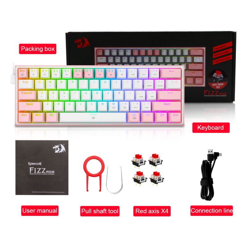 筆記本電腦REDRAGON Fizz K617 RGB USB Mini Mechanical Gaming Keyboard Red Switch 61 Keys Wired detachable cable,portable for travel