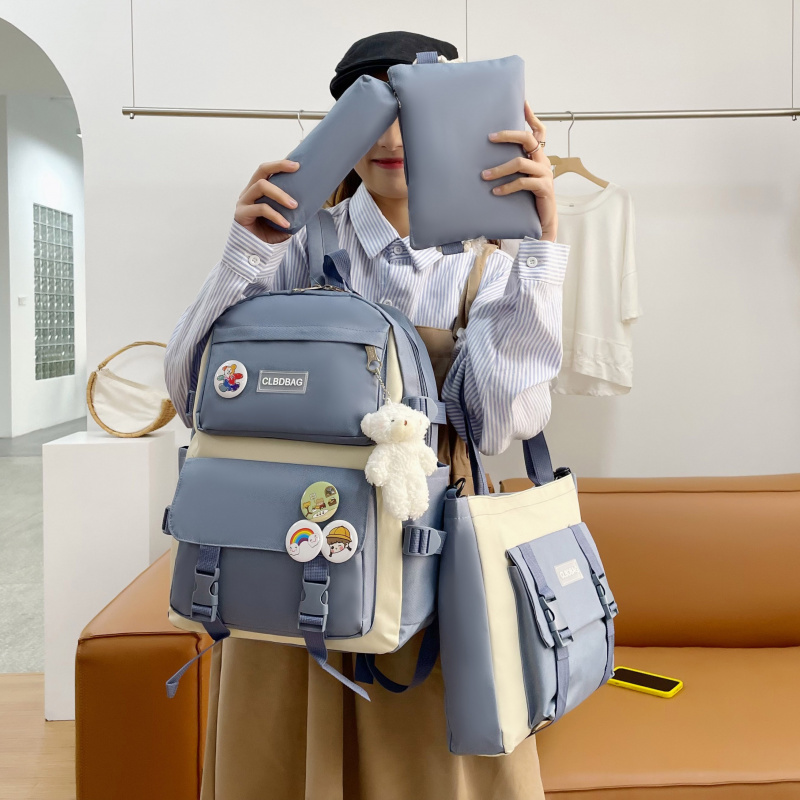 筆記本電腦4 件套原宿女式筆記本電腦背包帆布書包適合少女卡哇伊大學生兒童書包帆布背包 2021
