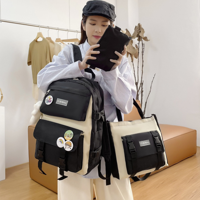 筆記本電腦4 件套原宿女式筆記本電腦背包帆布書包適合少女卡哇伊大學生兒童書包帆布背包 2021