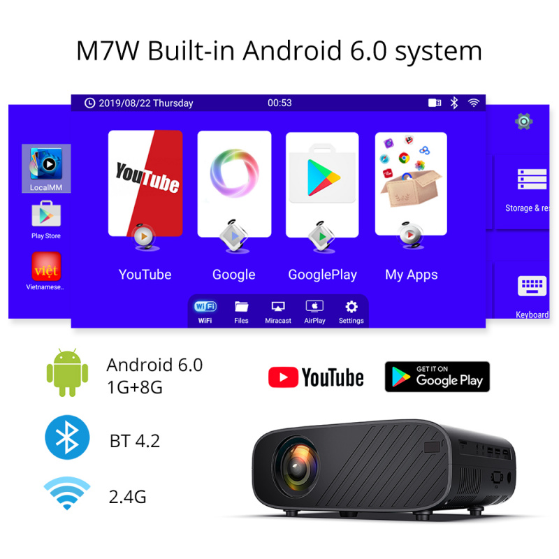 投影機Everycom M7 迷你投影儀 1920 1080P 支持 LED 視頻投影儀用於手機鏡像 Android 可選家庭影院電視