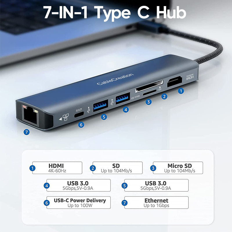 筆記本電腦CableCreation USB C 型集線器 HDMI 4K 60Hz 7 合 1 USB C 適配器 RJ45 PD 充電 C 型加密狗，適用於 Macbook Air Pro m1 iPad Pro XPS