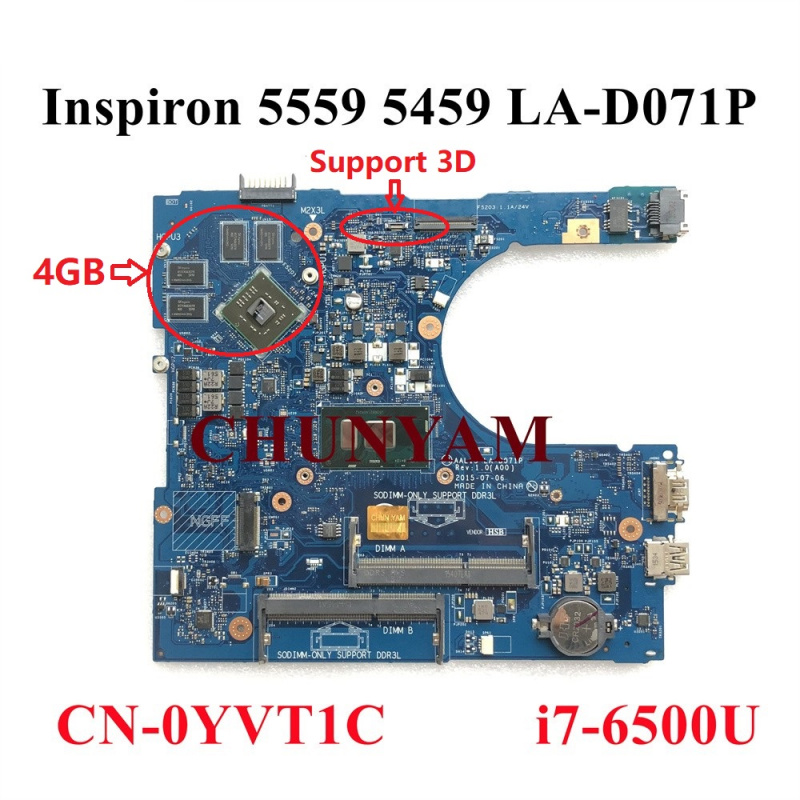 筆記本電腦全新 LA-D071P i7-6500U 3D 適用於戴爾 Inspiron 5459 5559 5759 筆記本電腦筆記本主板 CN-0YVT1C YVT1C 主板 100% 測試