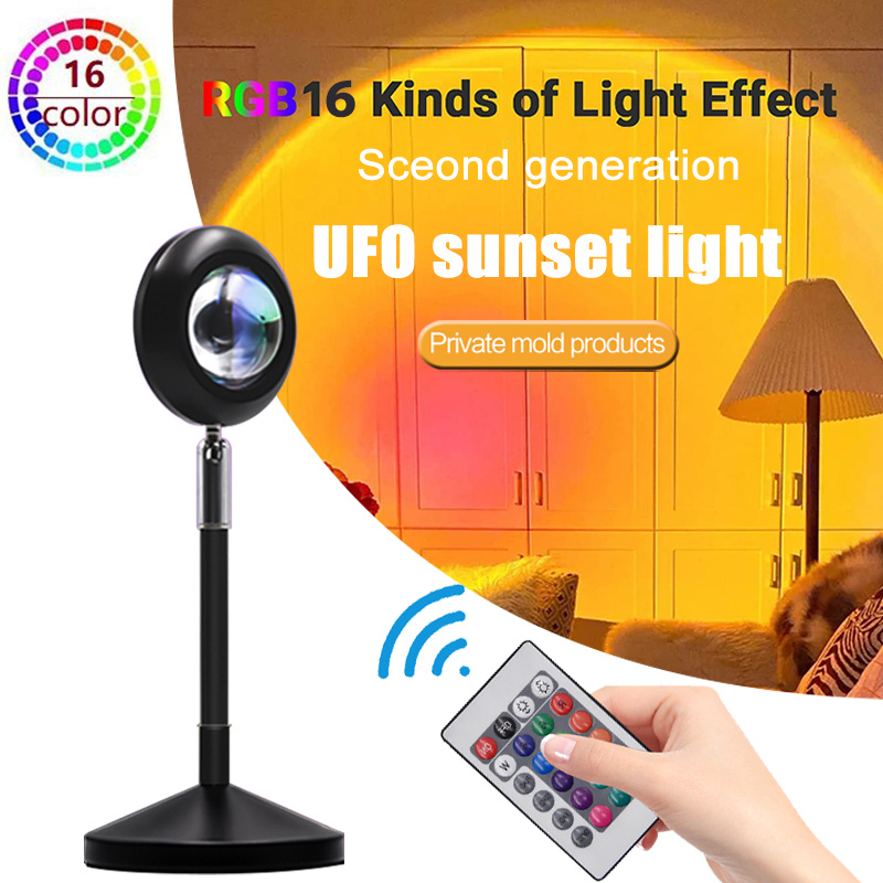 投影機USB 彩虹日落燈 RGB 16 色 LED 氛圍夜燈投影儀適用於臥室酒吧咖啡店牆壁裝飾照明