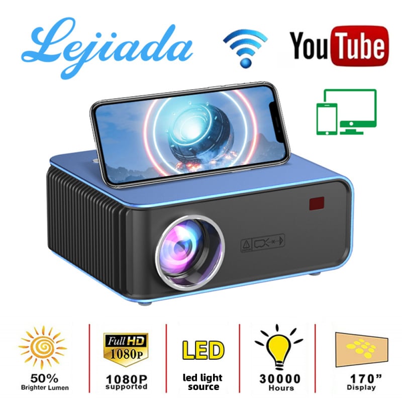 投影機LEJIADA 新 T4 LED 迷你投影儀 1024x600P 支持全高清 1080P Youtube WiFi 視頻，適用於手機家庭影院 3D 智能電影遊戲