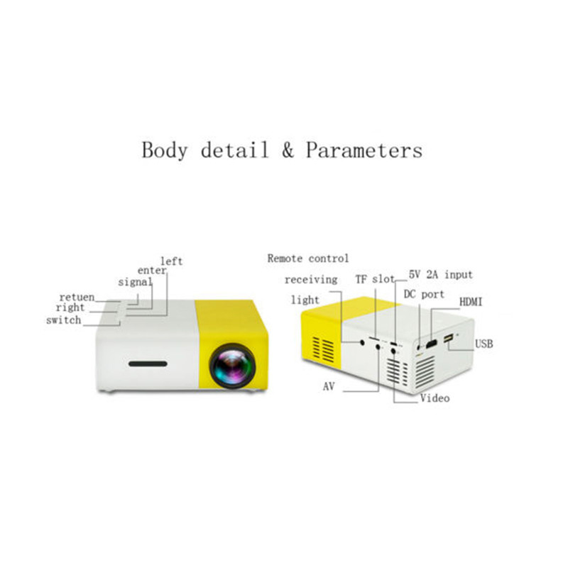 投影機Yg300 Led 投影儀 黃色 600 流明 3.5mm 音頻 320x240 像素 Yg-300 Hdmi USB 迷你投影儀 家庭媒體播放器 攜帶方便