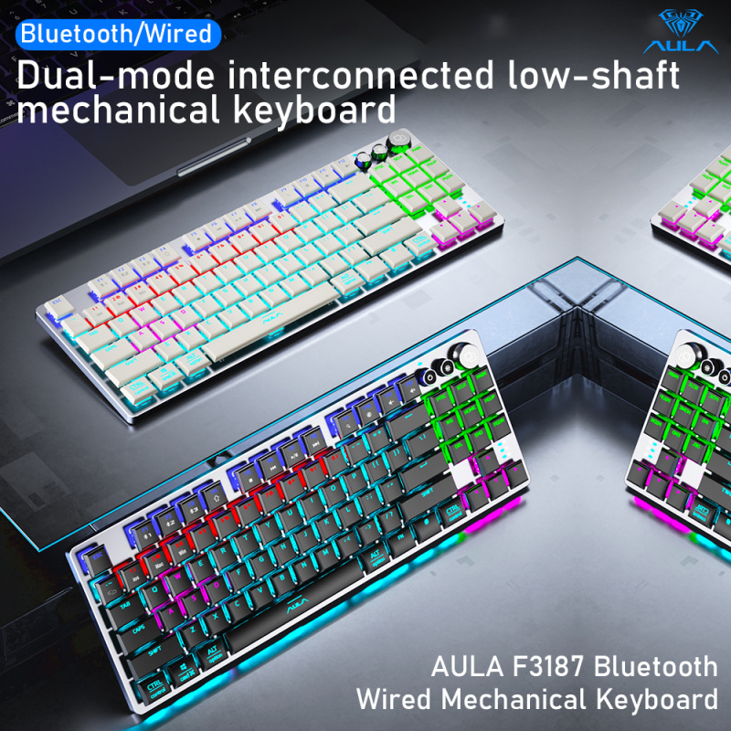 電競筆記本電腦AULA F3187 無線機械鍵盤超薄 87 鍵支持藍牙 5.0 3.0 Type-c，適用於 Android Windows 台式筆記本電腦