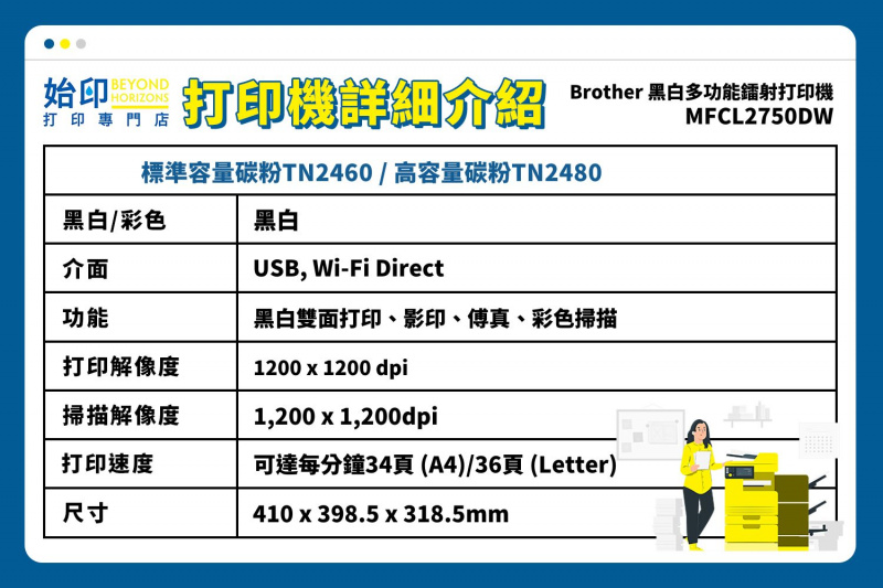 Brother MFCL2750dw 黑白全自動4合1多功能鐳射打印機 Wi-Fi連接 A4 (同類機型: M148fdw/M227fdw/MFCL2715dw)