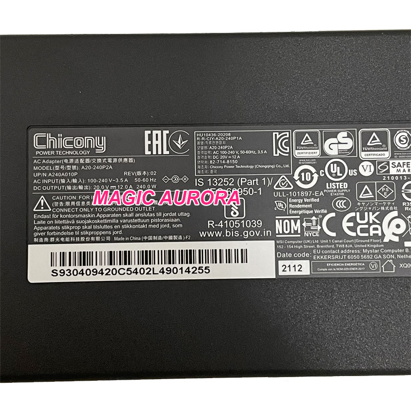電競筆記本電腦Thin Chicony A20-240P2A Power Adapter 20V 12A A240A010P 240W Power Supply For MSI GE76 Gaming Laptop Charger 4.5x3.0mm