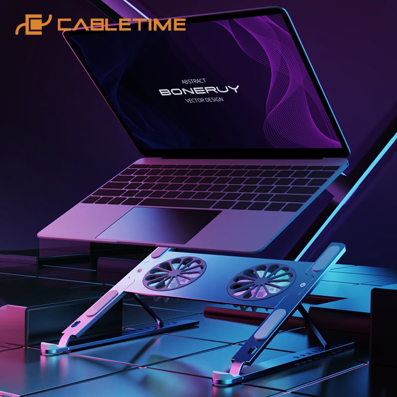 電競筆記本電腦CABLETIME 雙風扇遊戲筆記本電腦支架鋁製可折疊散熱器適用於筆記本電腦 Macbook Pro 可調節支架 C408