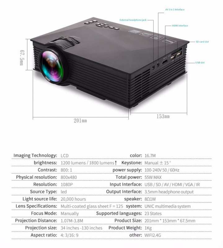 投影機UNIC UC68 迷你投影儀多媒體家庭影院 1800 流明 LED 投影儀 HD 1080p 優於 UC46 支持 Miracast Airplay
