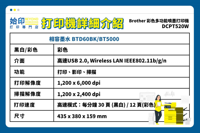 Brother DCPT520W 彩色3合1多功能噴墨打印機 Wi-Fi連接 (同類機型: HP Pro 9010/HP Pro 9020/L6490/L6290/L3256)