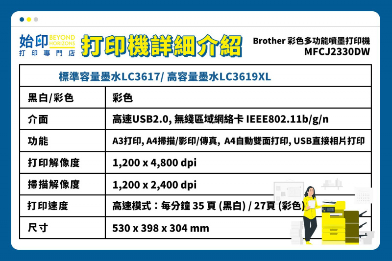 Brother MFCJ2330DW 彩色4合1多功能噴墨打印機 A3打印 (同類機型: MFCJ3930DW/MFCJ3530DW/PIXMA iX6770/PIXMA iX6870/PIXMA TS707)