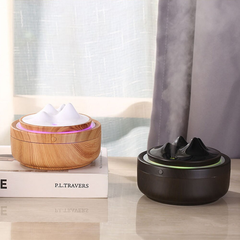 木紋超聲波空氣加濕器 300ML 山地設計彩燈香薰擴散器 USB 霧化器適用於辦公室家用臥室霧化器