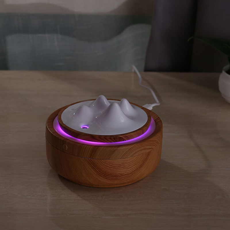 木紋超聲波空氣加濕器 300ML 山地設計彩燈香薰擴散器 USB 霧化器適用於辦公室家用臥室霧化器