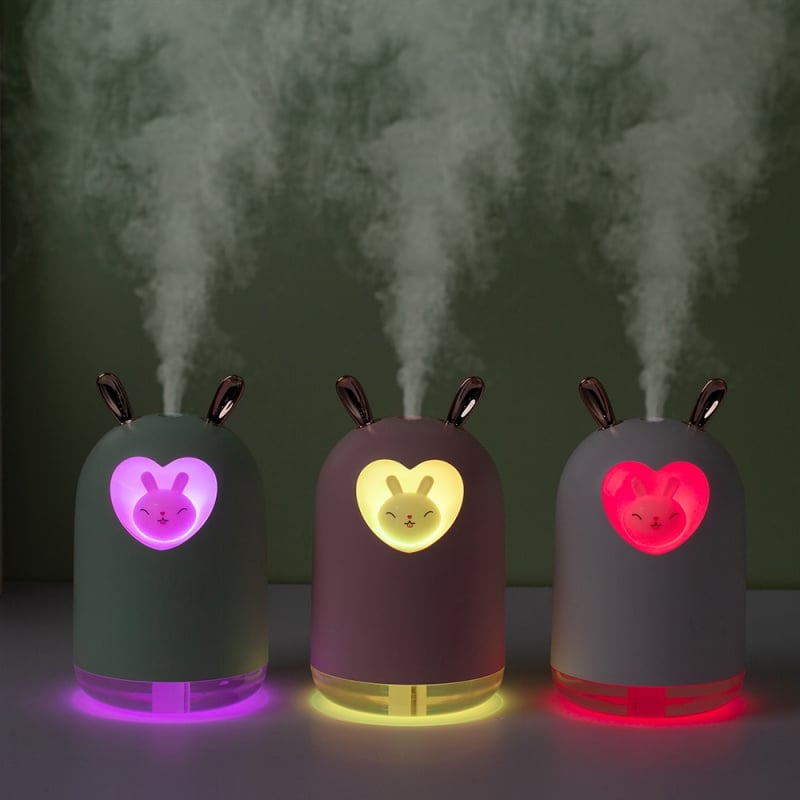 可愛兔子空氣加濕器300ML可愛寵物超聲波冷霧香薰油擴散器浪漫彩色LED燈USB加濕器