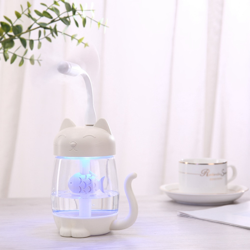 350ML 貓空氣加濕器帶彩色 LED 燈超聲波 3 合 1 可愛貓吃魚加濕器 USB 香薰機霧化器
