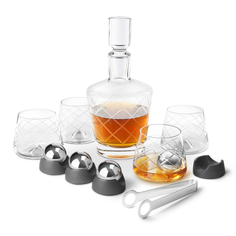Final Touch On The Rock 威士忌無鉛水晶酒杯及醒酒器套裝（包括4隻不銹鋼冰球和夾鉗）