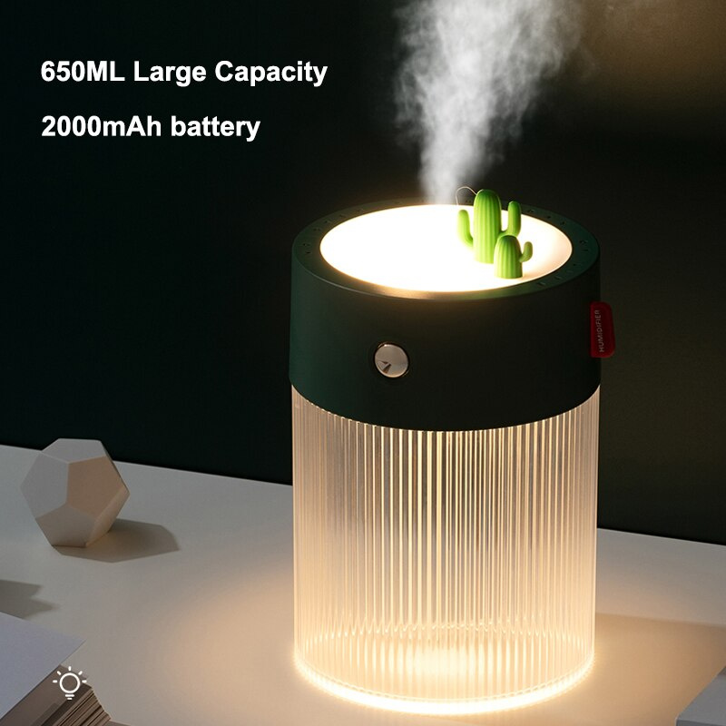 650ML 電動空氣加濕器香薰擴散器帶 LED 燈 2000mAh 電池 USB 充電便攜式冷霧機