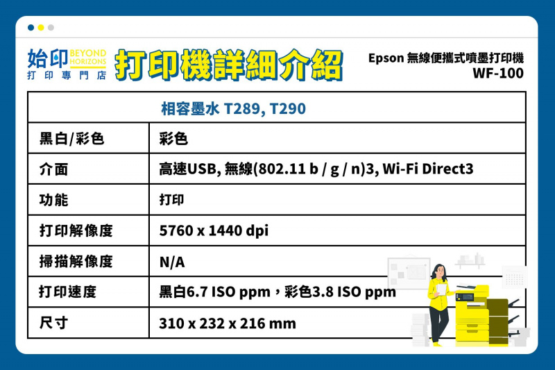 Epson WorkForce WF-100 彩色無線便攜式噴墨打印機 Wi-Fi連接 (同類機型: TR150)
