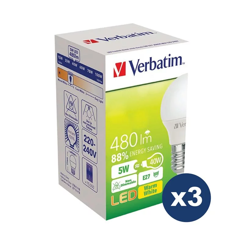 Verbatim LED 燈泡 - 迷你經典 (5W/ E27 燈座 /3000K/暖白) (一套3件) [#65758-3]