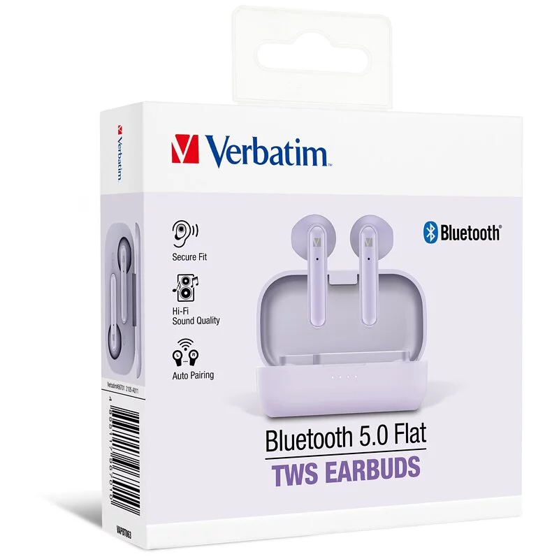 Verbatim 藍牙5.0平耳式真無線耳機 [#66618(黑色)、#66619(白色)、#66701(紫色)]