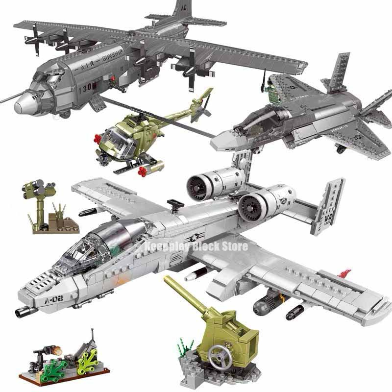 積木戰爭 A10 攻擊戰鬥機積木軍事 AC-130 空軍飛機模型積木套裝 WZ10 直升機兒童玩俱生日禮物