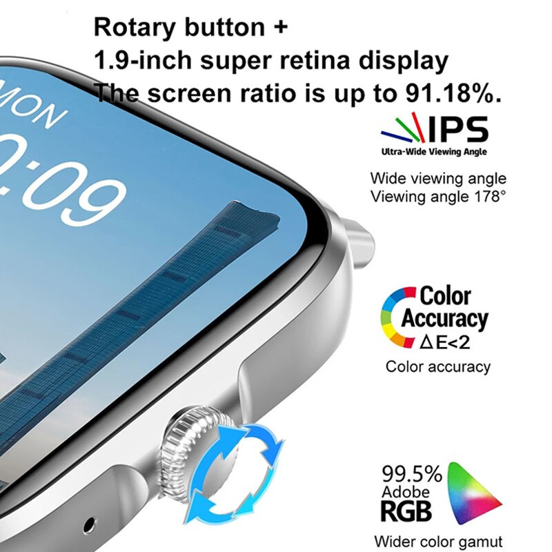 女士智能手錶男士 NFC 1.9 英寸屏幕無線充電 GPS 運動軌跡 500+ 錶盤推送應答呼叫智能手錶 2022