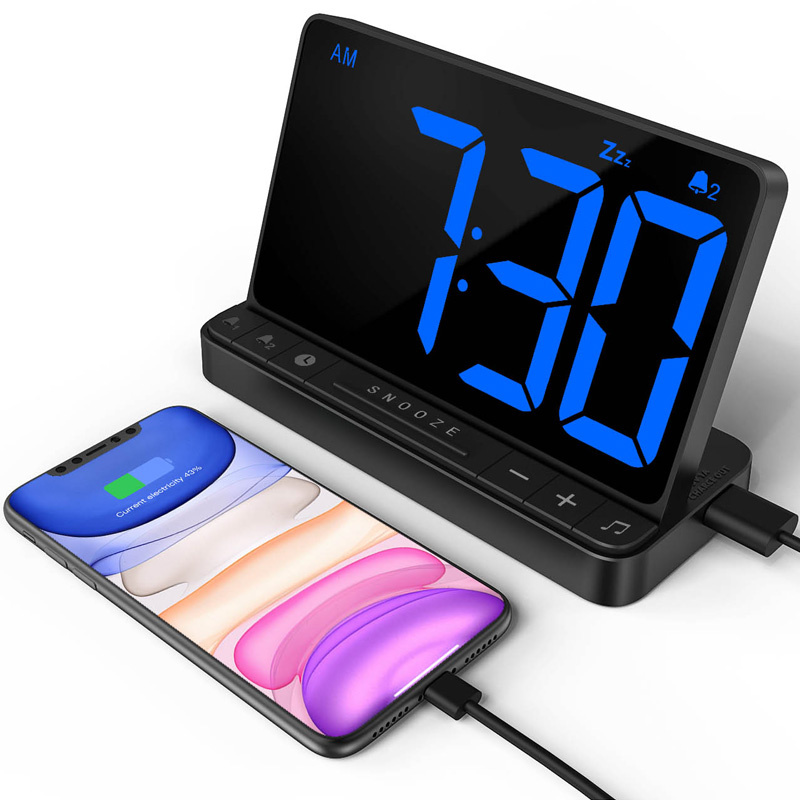 帶 USB 充電的數字鬧鐘，雙鬧鐘，5 種鈴聲可供選擇，貪睡，0--100% 亮度和音量可調，Type-C 端口